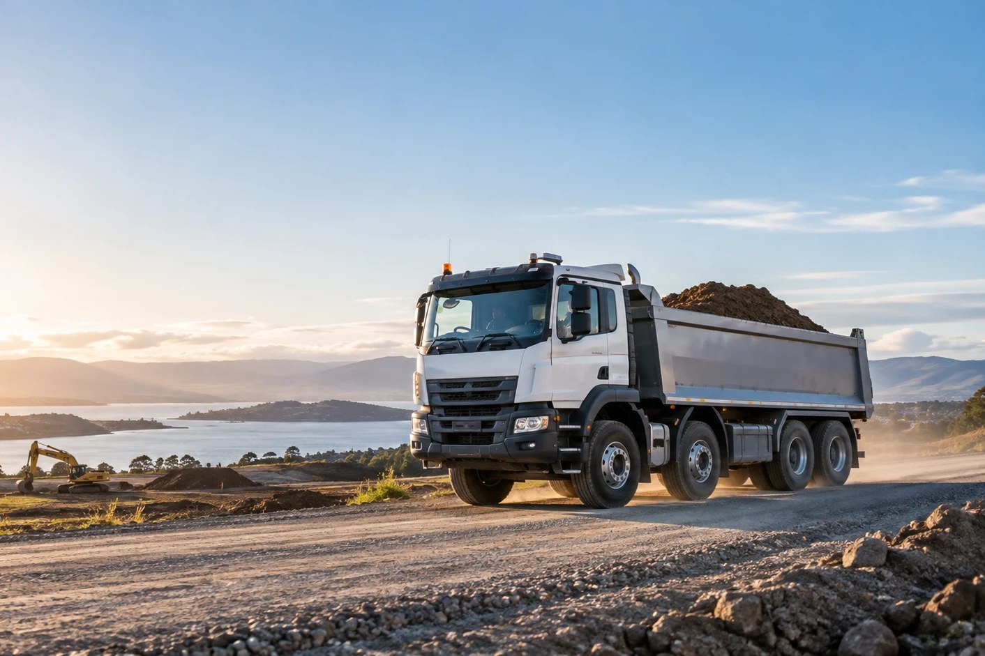 A tipper truck carrying a load of spoil off a New Zealand earthworks site at first light